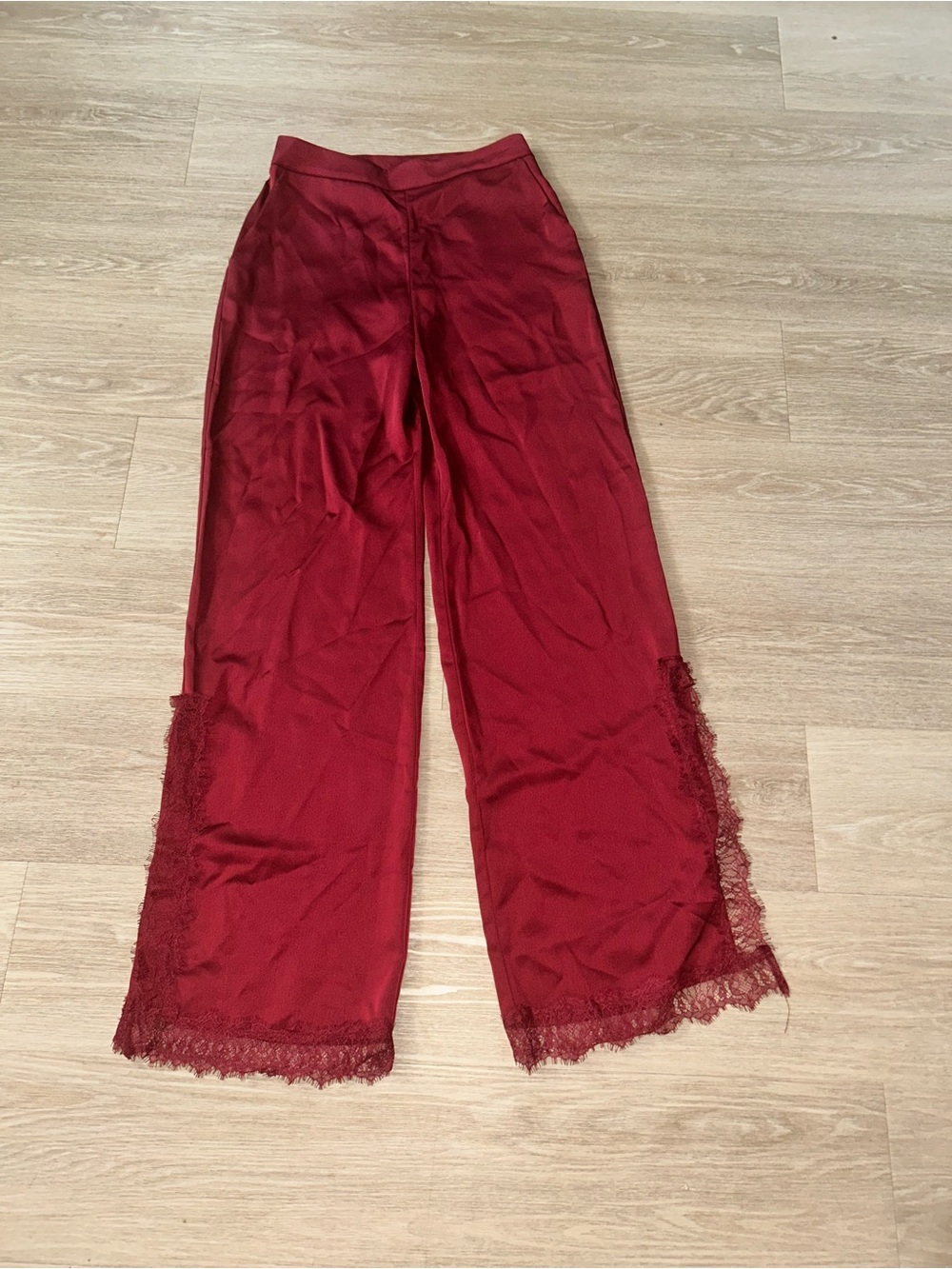Fashion Nova Wine Red Wide Leg Pants with Lace Trim